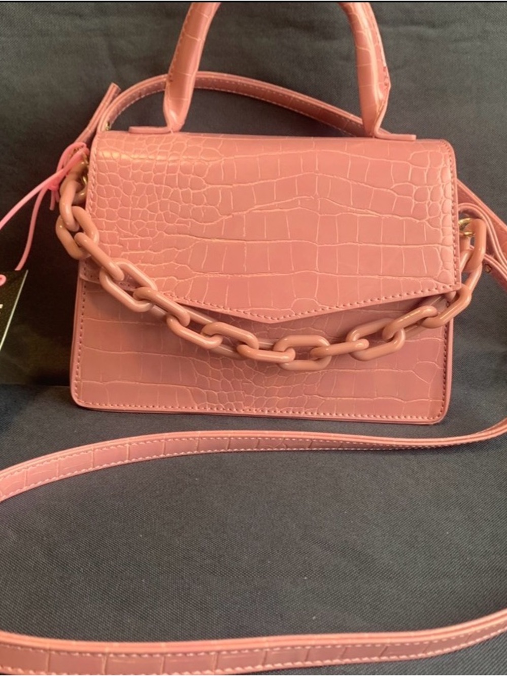 Croc-Embossed Top Handle Satchel with Chain Detail — Dusty Pink